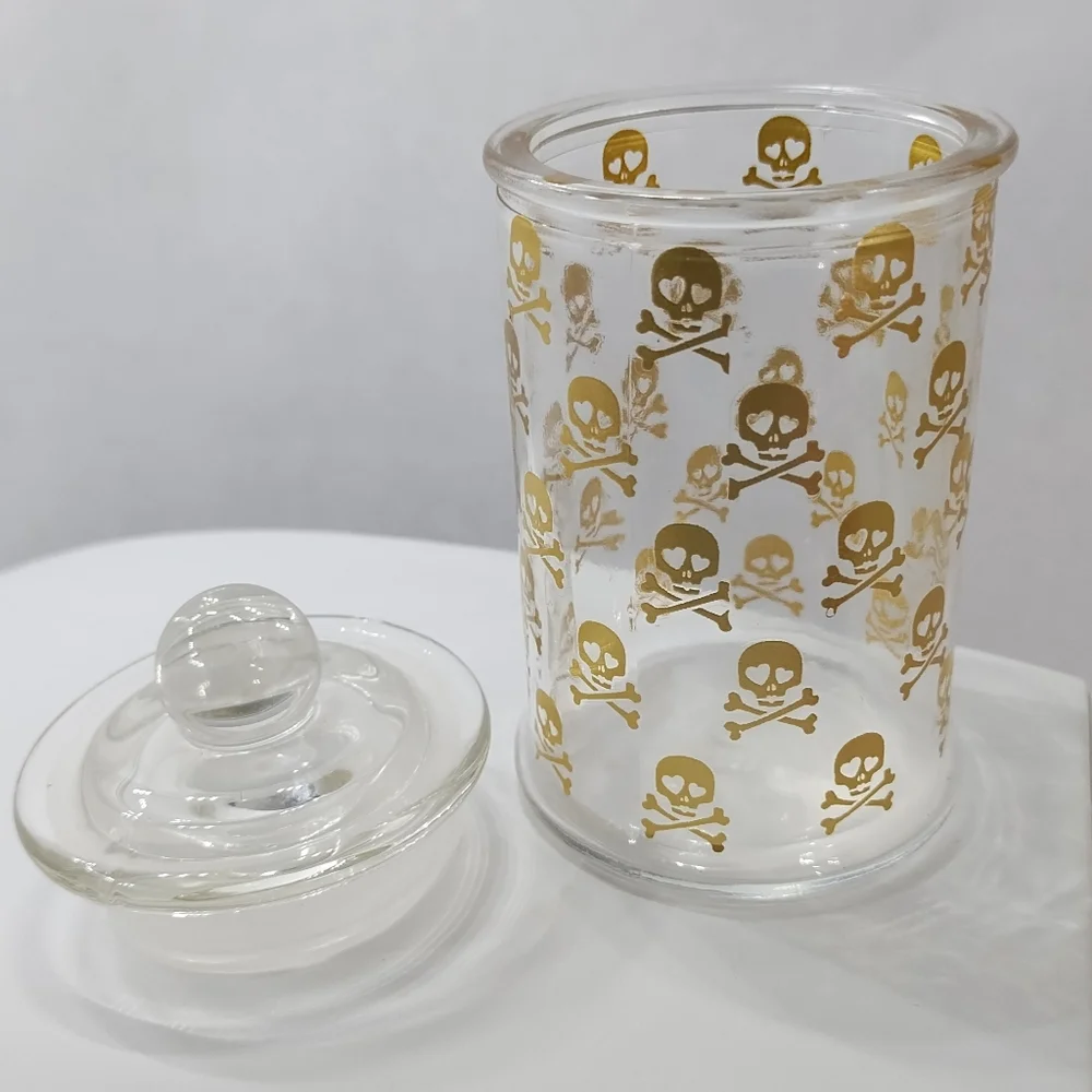 Vintage Gold Skull Cross Bone Glass Jar Poison Barware Stash Container with Top